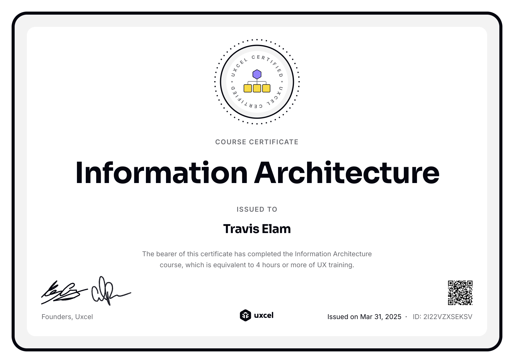 Travis Elam's certificate